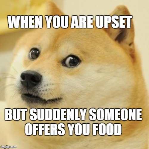Doge | WHEN YOU ARE UPSET; BUT SUDDENLY SOMEONE OFFERS YOU FOOD | image tagged in memes,doge | made w/ Imgflip meme maker