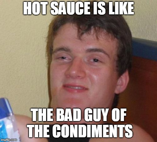 Onions make you cry but chili makes you burn! | HOT SAUCE IS LIKE; THE BAD GUY OF THE CONDIMENTS | image tagged in memes,10 guy | made w/ Imgflip meme maker