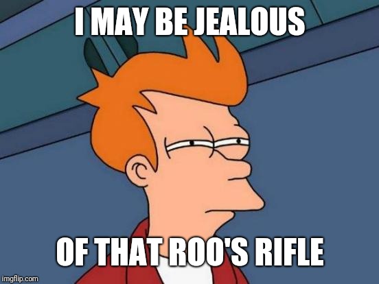 Futurama Fry Meme | I MAY BE JEALOUS OF THAT ROO'S RIFLE | image tagged in memes,futurama fry | made w/ Imgflip meme maker