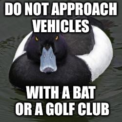 Angry Advice Mallard | DO NOT APPROACH VEHICLES; WITH A BAT OR A GOLF CLUB | image tagged in angry advice mallard,AdviceAnimals | made w/ Imgflip meme maker