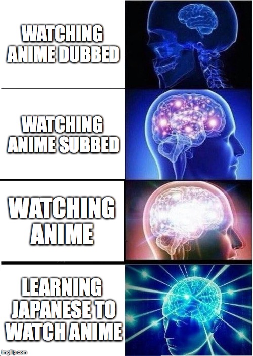 Expanding Brain | WATCHING ANIME DUBBED; WATCHING ANIME SUBBED; WATCHING ANIME; LEARNING JAPANESE TO WATCH ANIME | image tagged in memes,expanding brain | made w/ Imgflip meme maker