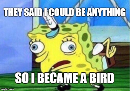 Mocking Spongebob Meme | THEY SAID I COULD BE ANYTHING; SO I BECAME A BIRD | image tagged in memes,mocking spongebob | made w/ Imgflip meme maker