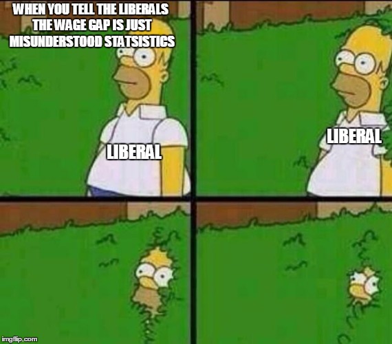 you cant handle the truth! | WHEN YOU TELL THE LIBERALS THE WAGE GAP IS JUST MISUNDERSTOOD STATSISTICS; LIBERAL; LIBERAL | image tagged in homer simpson in bush - large | made w/ Imgflip meme maker