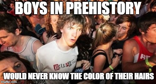 Ancient image problem | BOYS IN PREHISTORY; WOULD NEVER KNOW THE COLOR OF THEIR HAIRS | image tagged in memes,sudden clarity clarence | made w/ Imgflip meme maker