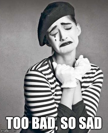 sad mime | TOO BAD, SO SAD | image tagged in sad mime | made w/ Imgflip meme maker