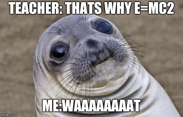Awkward Moment Sealion | TEACHER: THATS WHY E=MC2; ME:WAAAAAAAAT | image tagged in memes,awkward moment sealion | made w/ Imgflip meme maker