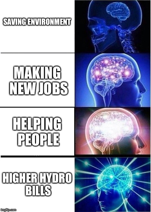 Expanding Brain Meme | SAVING ENVIRONMENT; MAKING NEW JOBS; HELPING PEOPLE; HIGHER HYDRO BILLS | image tagged in memes,expanding brain | made w/ Imgflip meme maker