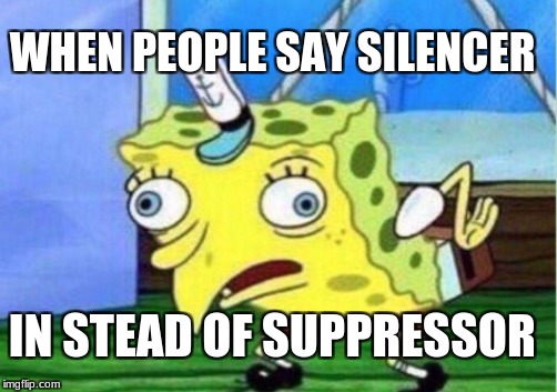 this annoys me  | WHEN PEOPLE SAY SILENCER; IN STEAD OF SUPPRESSOR | image tagged in memes,mocking spongebob,military | made w/ Imgflip meme maker