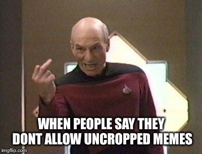 Picard middle finger | WHEN PEOPLE SAY THEY DONT ALLOW UNCROPPED MEMES | image tagged in picard middle finger | made w/ Imgflip meme maker