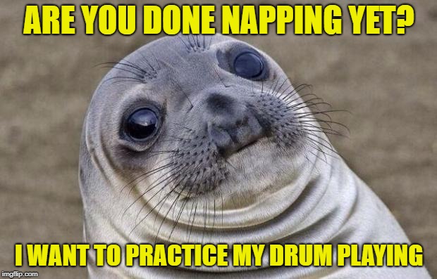 Awkward Moment Sealion Meme | ARE YOU DONE NAPPING YET? I WANT TO PRACTICE MY DRUM PLAYING | image tagged in memes,awkward moment sealion | made w/ Imgflip meme maker