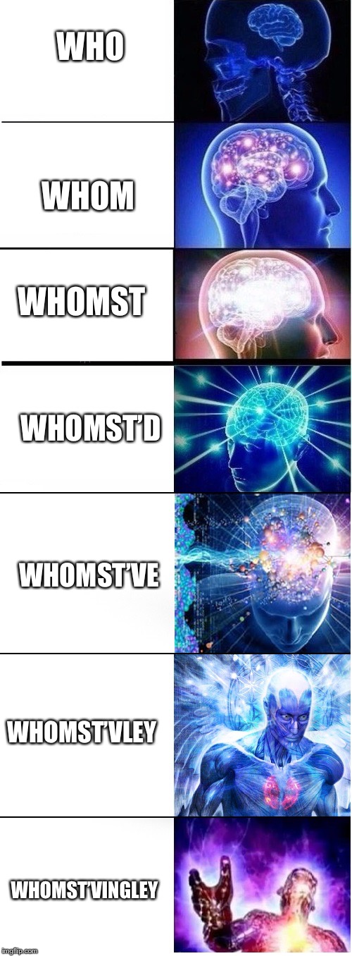 Expanding brain extended 2 | WHO; WHOM; WHOMST; WHOMST’D; WHOMST’VE; WHOMST’VLEY; WHOMST’VINGLEY | image tagged in expanding brain extended 2 | made w/ Imgflip meme maker