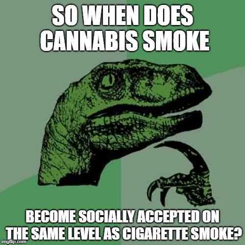 Philosoraptor Meme | SO WHEN DOES CANNABIS SMOKE; BECOME SOCIALLY ACCEPTED ON THE SAME LEVEL AS CIGARETTE SMOKE? | image tagged in memes,philosoraptor | made w/ Imgflip meme maker