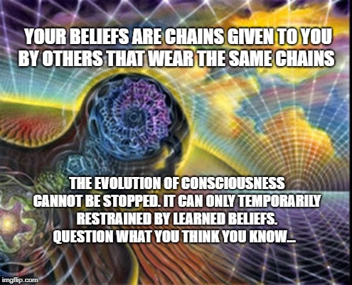 Expanding Reality | YOUR BELIEFS ARE CHAINS GIVEN TO YOU BY OTHERS THAT WEAR THE SAME CHAINS; THE EVOLUTION OF CONSCIOUSNESS CANNOT BE STOPPED. IT CAN ONLY TEMPORARILY RESTRAINED BY LEARNED BELIEFS. QUESTION WHAT YOU THINK YOU KNOW... | image tagged in expanding reality | made w/ Imgflip meme maker