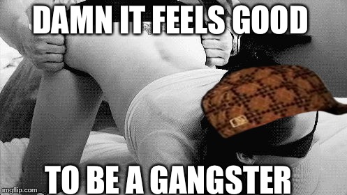 Blindfold Sex | DAMN IT FEELS GOOD; TO BE A GANGSTER | image tagged in blindfold sex,scumbag | made w/ Imgflip meme maker