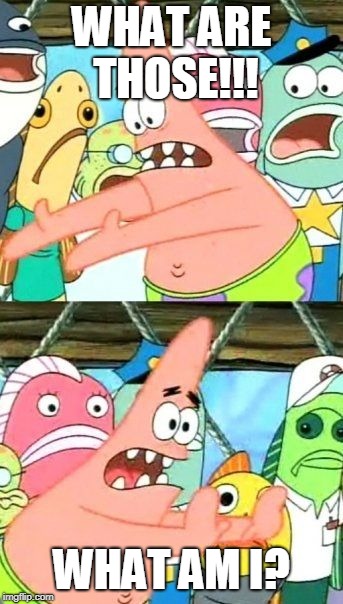 Put It Somewhere Else Patrick Meme | WHAT ARE THOSE!!! WHAT AM I? | image tagged in memes,put it somewhere else patrick | made w/ Imgflip meme maker