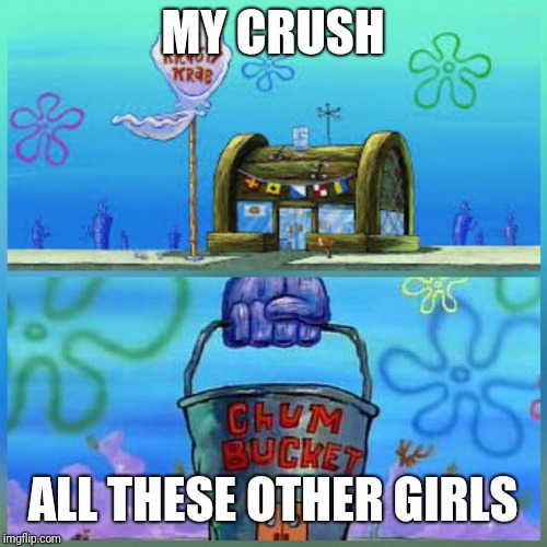 Krusty Krab Vs Chum Bucket Meme | MY CRUSH; ALL THESE OTHER GIRLS | image tagged in krusty krab vs chum bucket | made w/ Imgflip meme maker