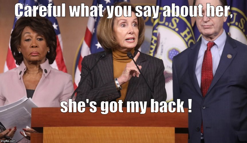 pelosi explains | Careful what you say about her, she's got my back ! | image tagged in pelosi explains | made w/ Imgflip meme maker