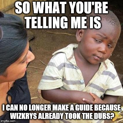 Third World Skeptical Kid Meme | SO WHAT YOU'RE TELLING ME IS; I CAN NO LONGER MAKE A GUIDE BECAUSE WIZKRYS ALREADY TOOK THE DUBS? | image tagged in memes,third world skeptical kid | made w/ Imgflip meme maker