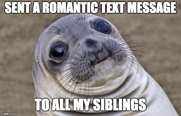 Awkward Moment Sealion Meme | SENT A ROMANTIC TEXT MESSAGE; TO ALL MY SIBLINGS | image tagged in memes,awkward moment sealion,AdviceAnimals | made w/ Imgflip meme maker