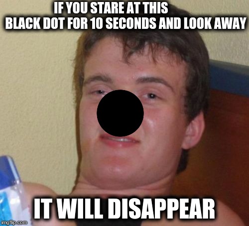 10 Guy Meme | IF YOU STARE AT THIS            BLACK DOT FOR 10 SECONDS AND LOOK AWAY; IT WILL DISAPPEAR | image tagged in memes,10 guy | made w/ Imgflip meme maker