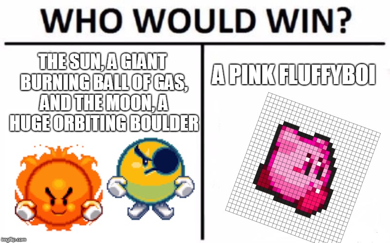 Who Would Win? | THE SUN, A GIANT BURNING BALL OF GAS, AND THE MOON, A HUGE ORBITING BOULDER; A PINK FLUFFYBOI | image tagged in memes,who would win | made w/ Imgflip meme maker