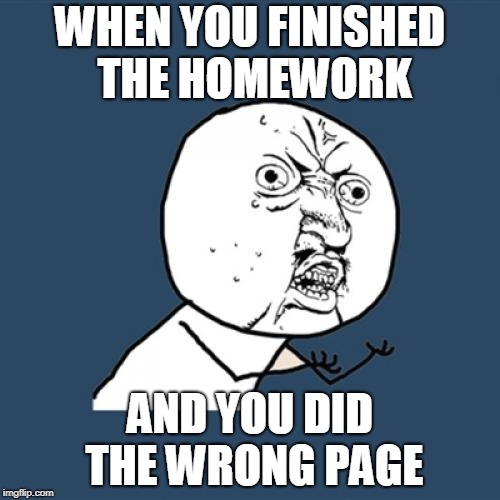 Y U No | WHEN YOU FINISHED THE HOMEWORK; AND YOU DID THE WRONG PAGE | image tagged in memes,y u no | made w/ Imgflip meme maker