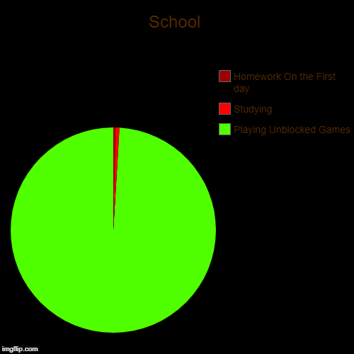 What i think about School | School | Playing Unblocked Games, Studying, Homework On the First day | image tagged in funny,pie charts | made w/ Imgflip chart maker