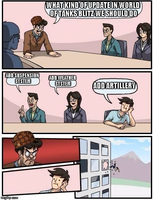 Boardroom Meeting Suggestion Meme | WHAT KIND OF UPDATE IN WORLD OF TANKS BLITZ WE SHOULD DO; ADD SUSPENSION SYSTEM; ADD WEATHER SYSTEM; ADD ARTILLERY | image tagged in memes,boardroom meeting suggestion,scumbag | made w/ Imgflip meme maker
