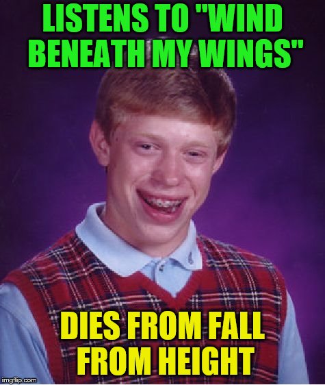 Bad Luck Brian Meme | LISTENS TO "WIND BENEATH MY WINGS" DIES FROM FALL FROM HEIGHT | image tagged in memes,bad luck brian | made w/ Imgflip meme maker