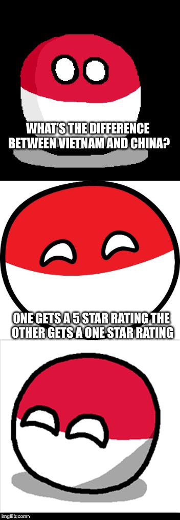 Look at their flags lol | WHAT’S THE DIFFERENCE BETWEEN VIETNAM AND CHINA? ONE GETS A 5 STAR RATING THE OTHER GETS A ONE STAR RATING | image tagged in bad pun polandball,china,vietnam,memes | made w/ Imgflip meme maker