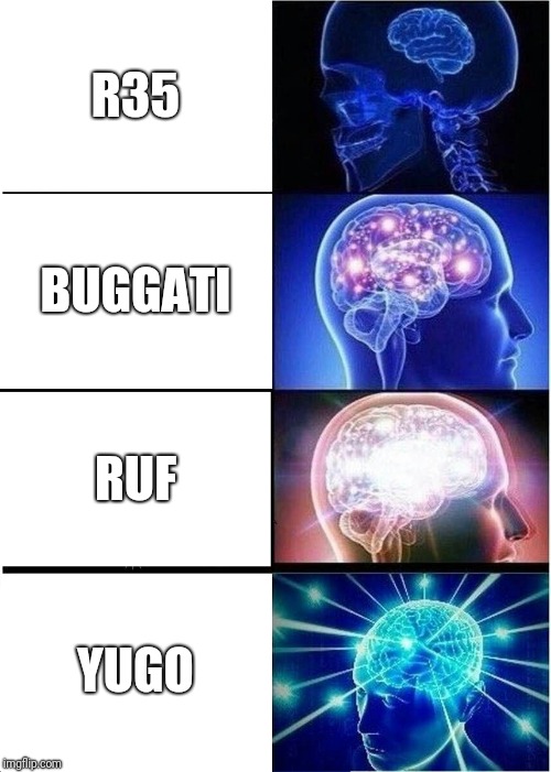 I Don't Know Cars | R35; BUGGATI; RUF; YUGO | image tagged in memes,expanding brain | made w/ Imgflip meme maker