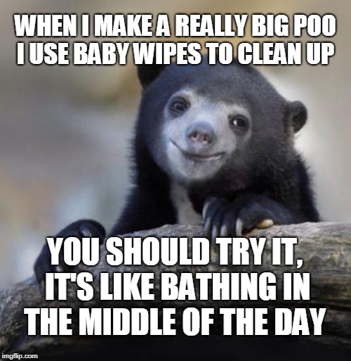 Happy Confession Bear | WHEN I MAKE A REALLY BIG POO I USE BABY WIPES TO CLEAN UP; YOU SHOULD TRY IT, IT'S LIKE BATHING IN THE MIDDLE OF THE DAY | image tagged in happy confession bear,poop,bath,hygiene,memes | made w/ Imgflip meme maker