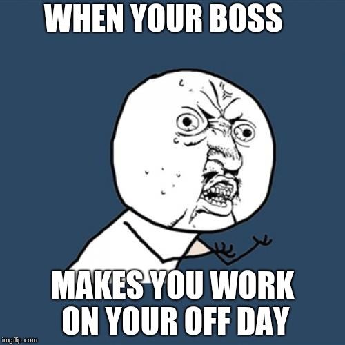 Y U No Meme | WHEN YOUR BOSS; MAKES YOU WORK ON YOUR OFF DAY | image tagged in memes,y u no | made w/ Imgflip meme maker