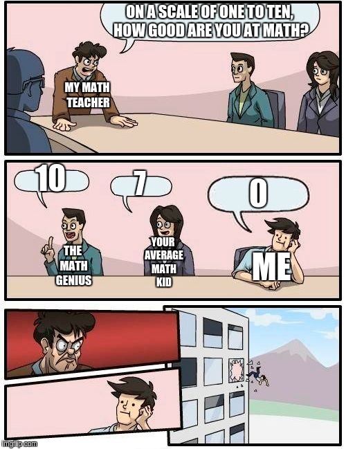 you need to be good at math in my math class... or else  | ON A SCALE OF ONE TO TEN, HOW GOOD ARE YOU AT MATH? MY MATH TEACHER; 10; 7; YOUR AVERAGE MATH KID; THE MATH GENIUS; ME | image tagged in memes,boardroom meeting suggestion | made w/ Imgflip meme maker