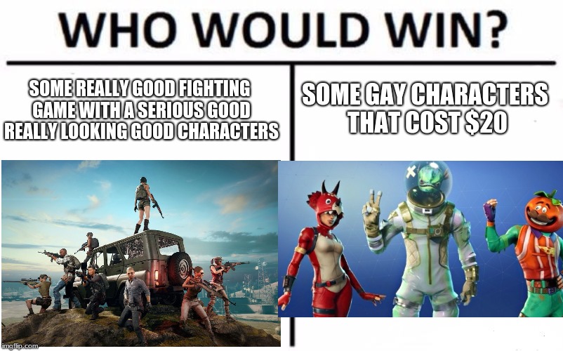 Who Would Win? | SOME GAY CHARACTERS THAT COST $20; SOME REALLY GOOD FIGHTING GAME WITH A SERIOUS GOOD REALLY LOOKING GOOD CHARACTERS | image tagged in memes,who would win | made w/ Imgflip meme maker