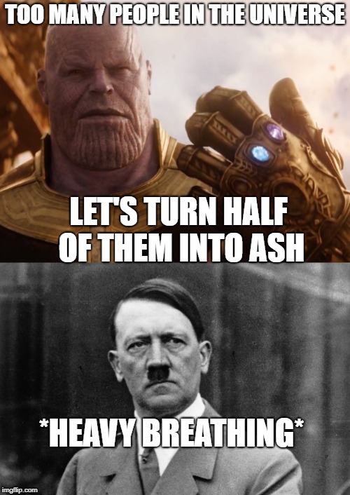 Infinity World War 2 | TOO MANY PEOPLE IN THE UNIVERSE; LET'S TURN HALF OF THEM INTO ASH; *HEAVY BREATHING* | image tagged in infinity war,hitler | made w/ Imgflip meme maker