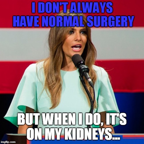 1st Lady Melania Trump Kidney Surgery!?! | I DON'T ALWAYS HAVE NORMAL SURGERY; BUT WHEN I DO, IT'S ON MY KIDNEYS... | image tagged in melania trump | made w/ Imgflip meme maker