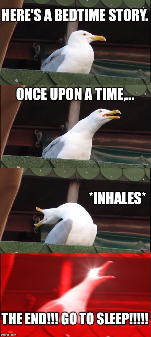 Bedtime stories need to be quick | HERE'S A BEDTIME STORY. ONCE UPON A TIME,... *INHALES*; THE END!!! GO TO SLEEP!!!!! | image tagged in memes,inhaling seagull,bedtime,story,sleeping,child | made w/ Imgflip meme maker