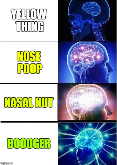 Expanding Brain Meme | YELLOW THING; NOSE POOP; NASAL NUT; BOOOGER | image tagged in memes,expanding brain | made w/ Imgflip meme maker