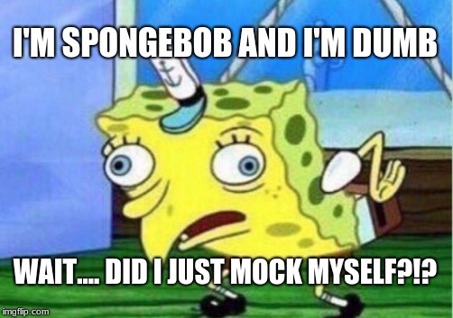 Mocking Spongebob Meme | I'M SPONGEBOB AND I'M DUMB; WAIT.... DID I JUST MOCK MYSELF?!? | image tagged in memes,mocking spongebob | made w/ Imgflip meme maker