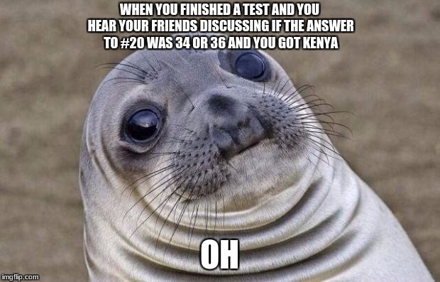Awkward Moment Sealion Meme | WHEN YOU FINISHED A TEST AND YOU HEAR YOUR FRIENDS DISCUSSING IF THE ANSWER TO #20 WAS 34 OR 36 AND YOU GOT KENYA; OH | image tagged in memes,awkward moment sealion | made w/ Imgflip meme maker