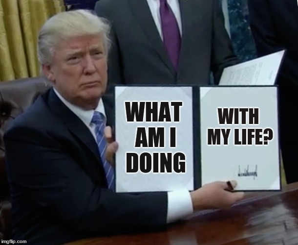 Trump Bill Signing Meme | WHAT AM I DOING; WITH MY LIFE? | image tagged in memes,trump bill signing | made w/ Imgflip meme maker