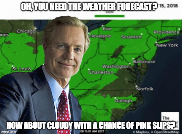 !weather | OH, YOU NEED THE WEATHER FORECAST? HOW ABOUT CLOUDY WITH A CHANCE OF PINK SLIPS? | image tagged in slack,rich fairbank,capital one,get to work,pink slips | made w/ Imgflip meme maker