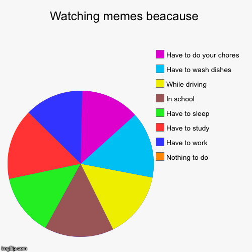 Watching memes beacause | Nothing to do, Have to work, Have to study, Have to sleep, In school, While driving, Have to wash dishes, Have to  | image tagged in funny,pie charts | made w/ Imgflip chart maker