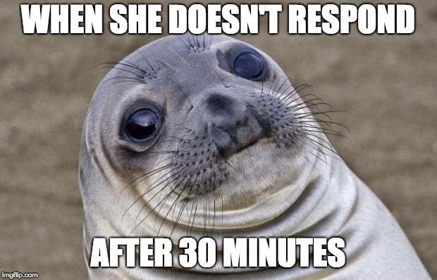 Awkward Moment Sealion | WHEN SHE DOESN'T RESPOND; AFTER 30 MINUTES | image tagged in memes,awkward moment sealion | made w/ Imgflip meme maker
