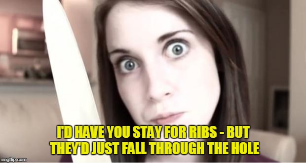I'D HAVE YOU STAY FOR RIBS - BUT THEY'D JUST FALL THROUGH THE HOLE | made w/ Imgflip meme maker