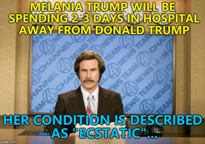 I'm sure she'll miss him... :) | MELANIA TRUMP WILL BE SPENDING 2-3 DAYS IN HOSPITAL AWAY FROM DONALD TRUMP; HER CONDITION IS DESCRIBED AS "ECSTATIC"... | image tagged in this just in,memes,melania trump,donald trump | made w/ Imgflip meme maker