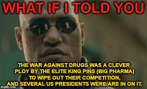 Big Corporations are the 21st Century Mafia where Drugs still net the most profit, and Big Pharma are the King Pins | WHAT IF I TOLD YOU; THE WAR AGAINST DRUGS WAS A CLEVER PLOY BY THE ELITE KING PINS (BIG PHARMA) TO WIPE OUT THEIR COMPETITION, AND SEVERAL US PRESIDENTS WERE/ARE IN ON IT. | image tagged in memes,matrix morpheus,truth | made w/ Imgflip meme maker
