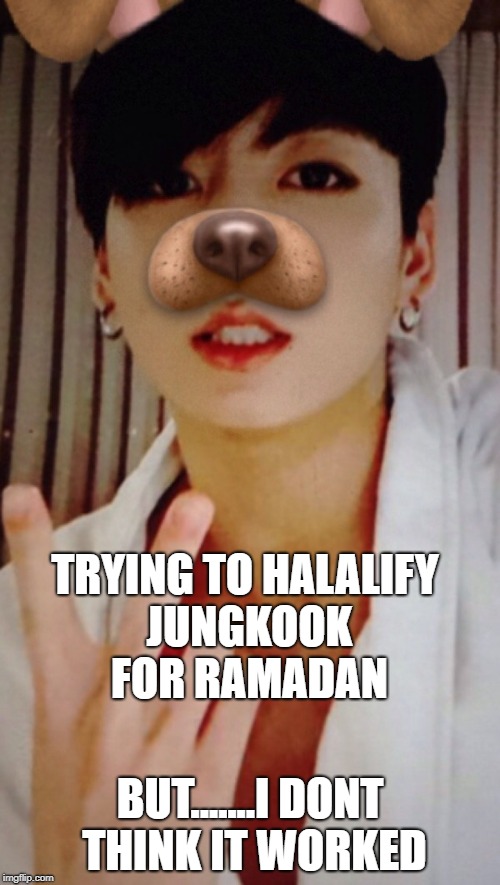 Halal Jungkook Failure | TRYING TO HALALIFY JUNGKOOK FOR RAMADAN; BUT.......I DONT THINK IT WORKED | image tagged in bts,ramadan,jungkook,halal,fail | made w/ Imgflip meme maker