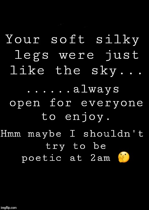 a black blank | Your soft silky legs were just like the sky... ......always open for everyone to enjoy. Hmm maybe I shouldn't try to be poetic at 2am 🤔 | image tagged in a black blank | made w/ Imgflip meme maker